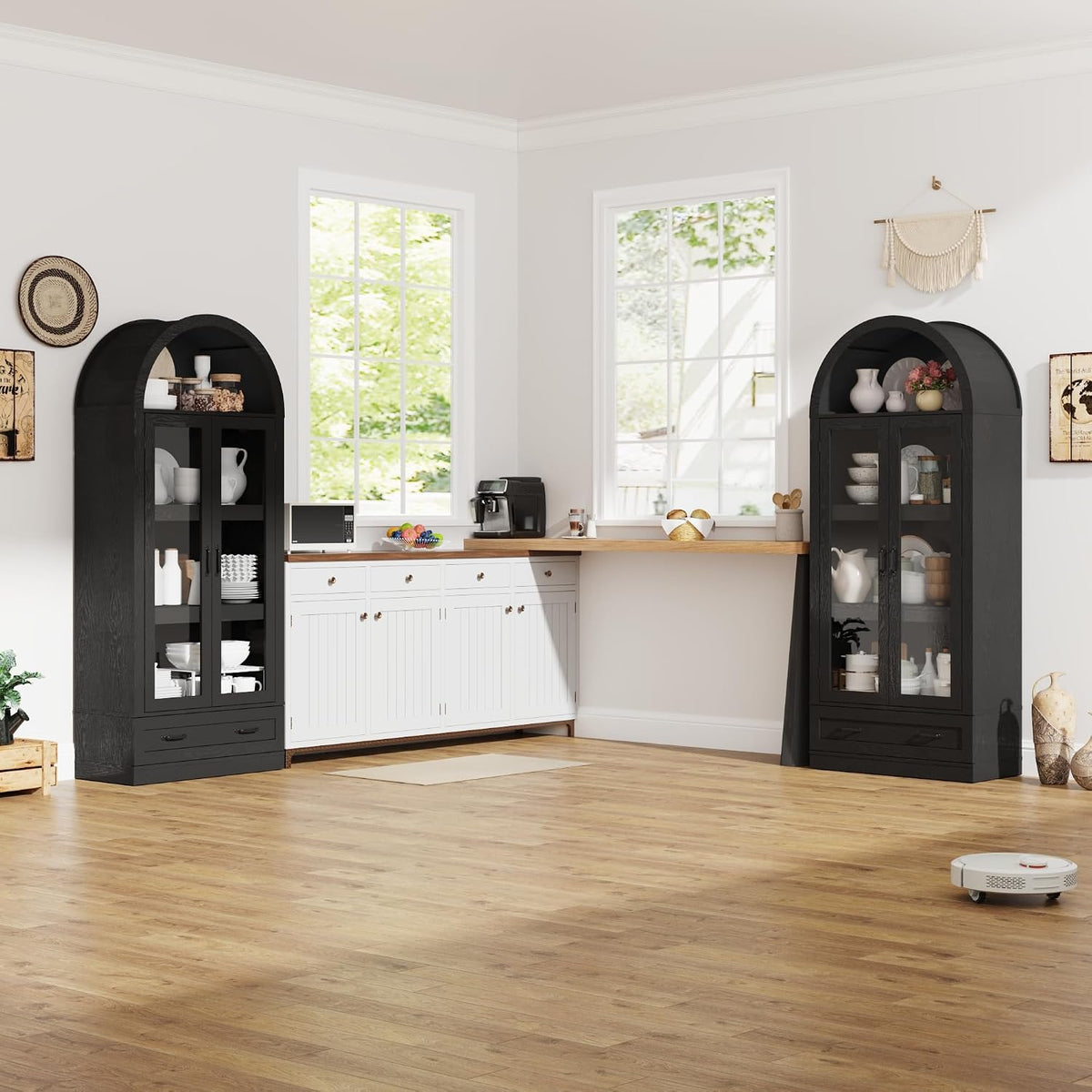 75" Tall Arched Kitchen Pantry Cabinet w Load-Bearing Steel Pipe,Modern Farmhouse Kitchens Storage Cabinet with Drawer and Glass Doors,Tall Arched Bookcase,Pantry Organizer(Woodgrain Black)
