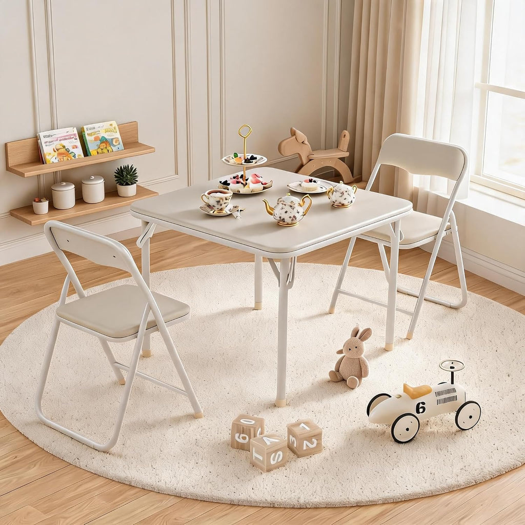 No Assembly Kids Folding Table and Chairs Set 3-Piece PU Padded | Fold-Flat Design + No Assembly + PU Padded Comfort – A Perfect Space-Saving Activity Set for Kids Ages 2-8