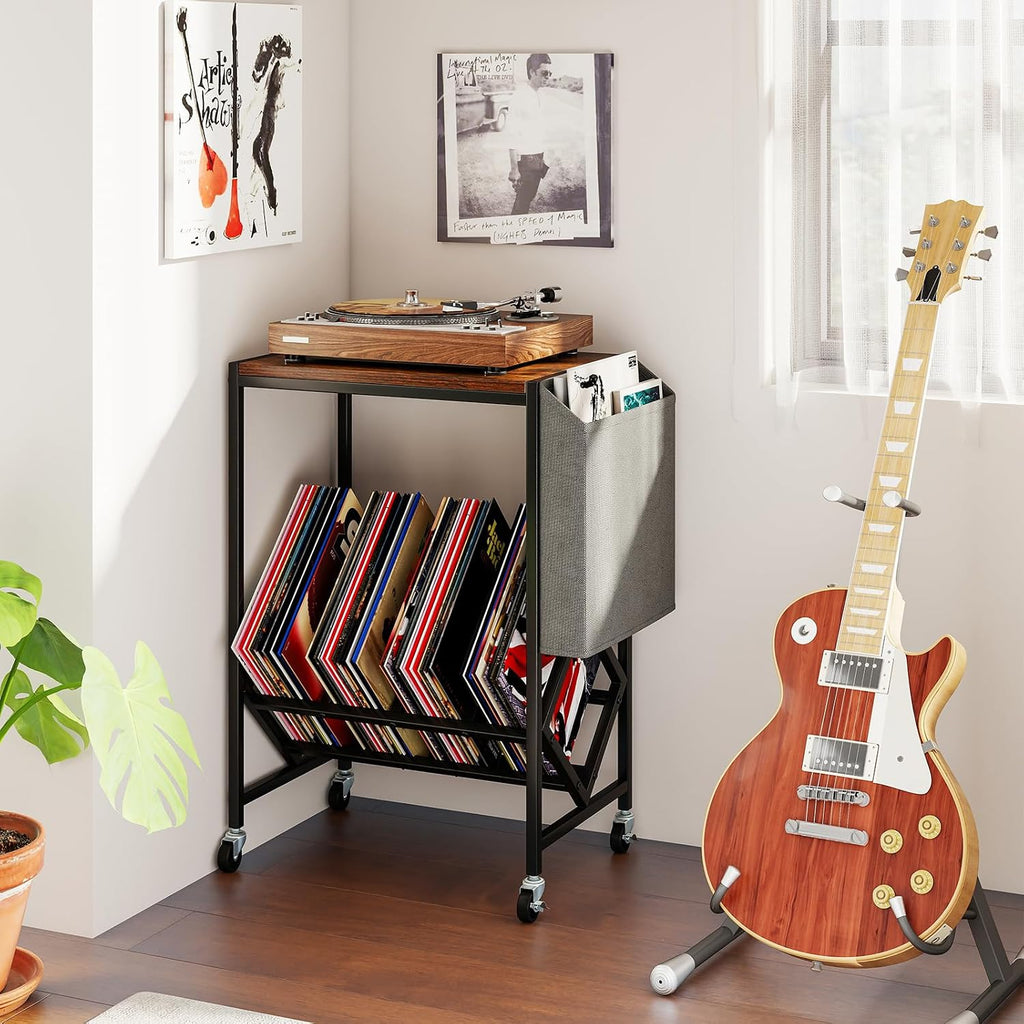 Giantex Record Player Stand, Rolling 2-Tier Turntable Stand with Storage Shelf Up to 130 Albums, Record Player Table w/Metal Frame & Magazine Holder, Vinyl Record Storage for Living Room, Black