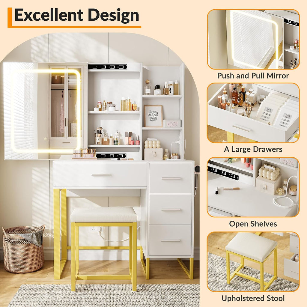 GAOMON 57'' Large Vanity Desk with Mirror & Lights, Makeup Vanity Table with Charging Station,