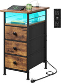 WLIVE Narrow Side Table with Charging Station, End Table with LED Lights,3 Fabric Drawers and Open Storage Shelf, Bed Side Tables Living Room, Small Spaces, Bedroom, Rustic Brown