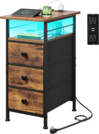 WLIVE Narrow Side Table with Charging Station, End Table with LED Lights,3 Fabric Drawers and Open Storage Shelf, Bed Side Tables Living Room, Small Spaces, Bedroom, Rustic Brown
