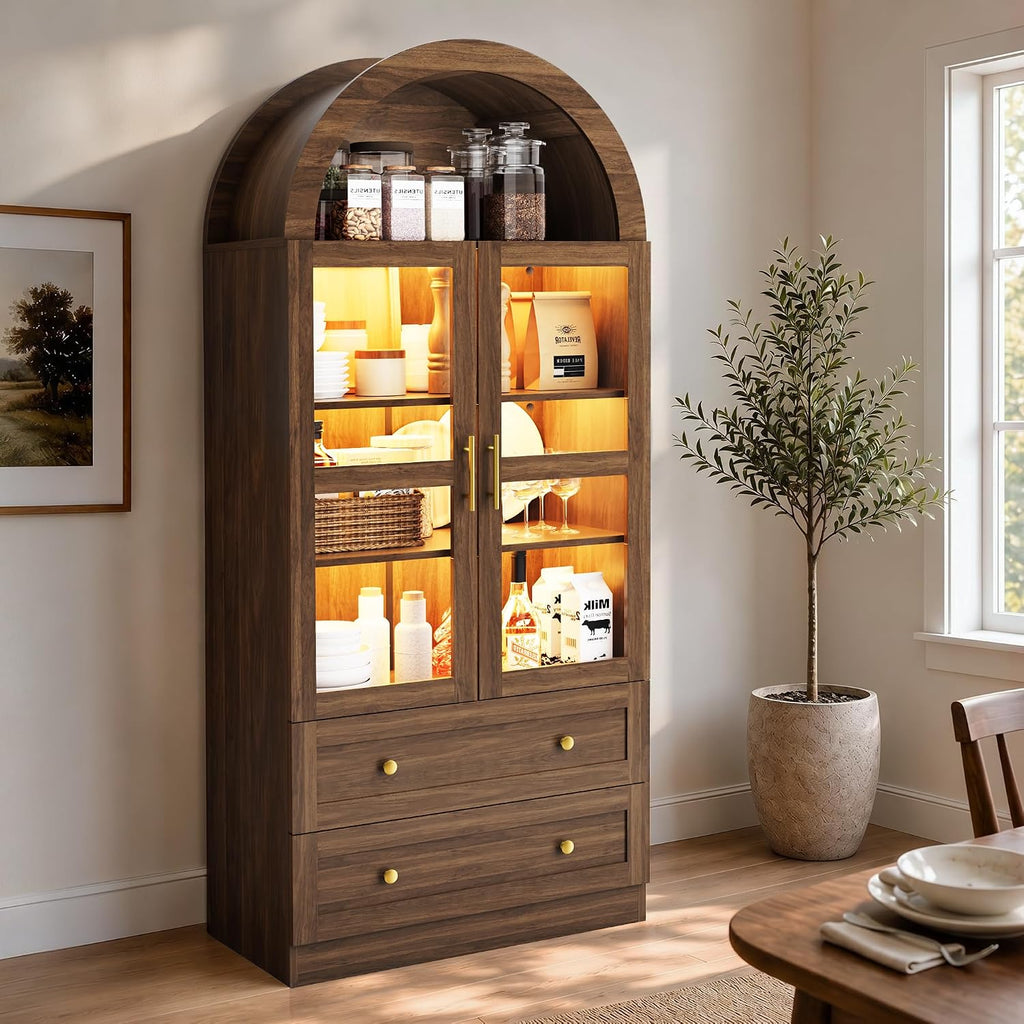 Pamapic Arched Kitchen Pantry Cabinet, 71" Tall Arched Cabinet with LED Light & Glass Doors, Farmhouse Kitchen Storage Cabinet with 2 Large Drawers, Wooden Pantry for Dining Room, Living Room (Brown)