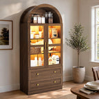 Pamapic Arched Kitchen Pantry Cabinet, 71" Tall Arched Cabinet with LED Light & Glass Doors, Farmhouse Kitchen Storage Cabinet with 2 Large Drawers, Wooden Pantry for Dining Room, Living Room (Brown)