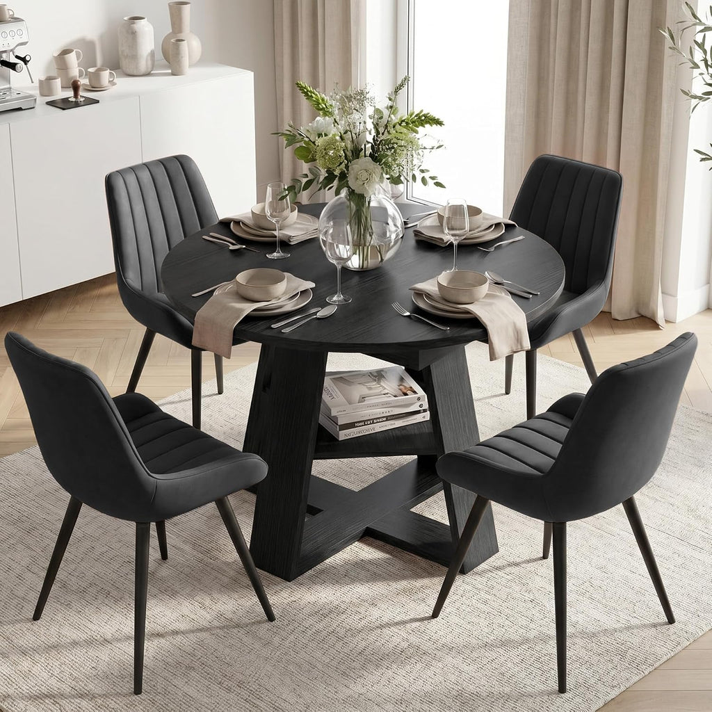 Miereirl Round to Oval Dining Table Set for 4-6, Expandable Kitchen Table with Upholstered Chairs, Dining Room Furniture Set with Hidden Storage Shelf, Space-Saving Dining Set for Apartment
