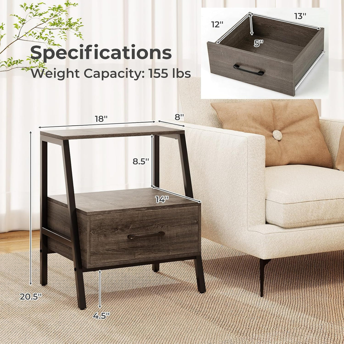 Giantex Farmhouse Nightstand with Drawer and Open Shelf, 2-Tier Bedside Table with Metal Frame, Stable End Table for Bedroom or Living Room, Rustic Gray