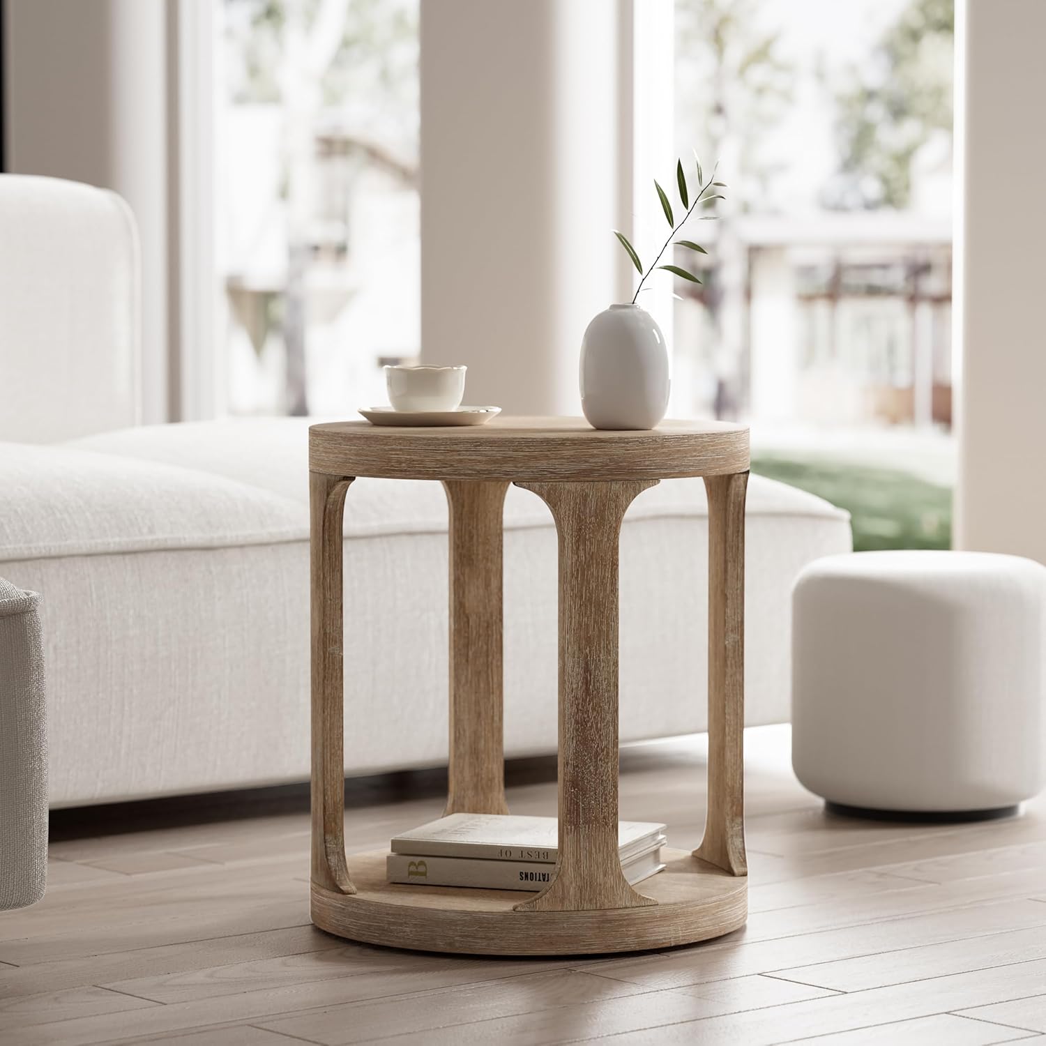 COZAYH Farmhouse Small End Table Wood Round Side Table for Small Space Rustic Pedestal Table for Living Room, Office, Couch, Distressed Wood Grey Finish