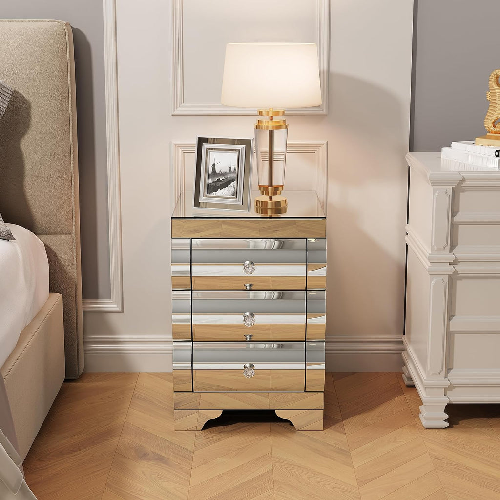 Silver Modern Mirrored Nightstand with 3 Drawers, Baked Curved Glass Bedside Table for Bedroom, Small Space End Table for Living Room