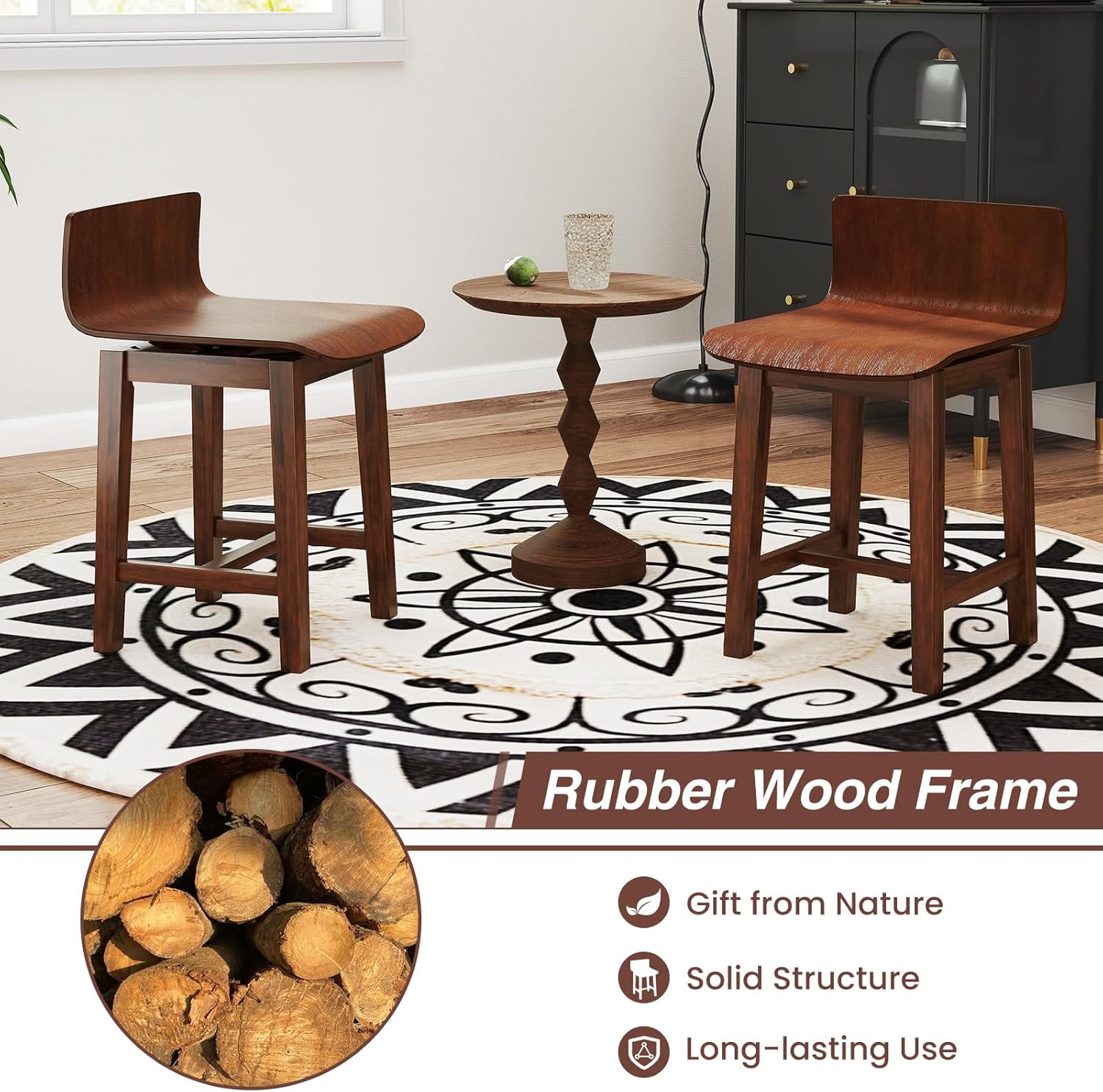 GOFLAME Swivel Dining Chairs Set of 4, Farmhouse Kitchen Chairs with Low Backrest and Curved Seat, Accent Side Chairs with Solid Rubber Wood Frame for Dining Room, Restaurant, Walnut