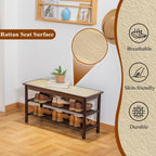 Bamboo Entryway Bench with Woven Rattan Seat, 2-Tier Shoe Storage Bench for Hallway & Entryway 31.5 inches Walnut