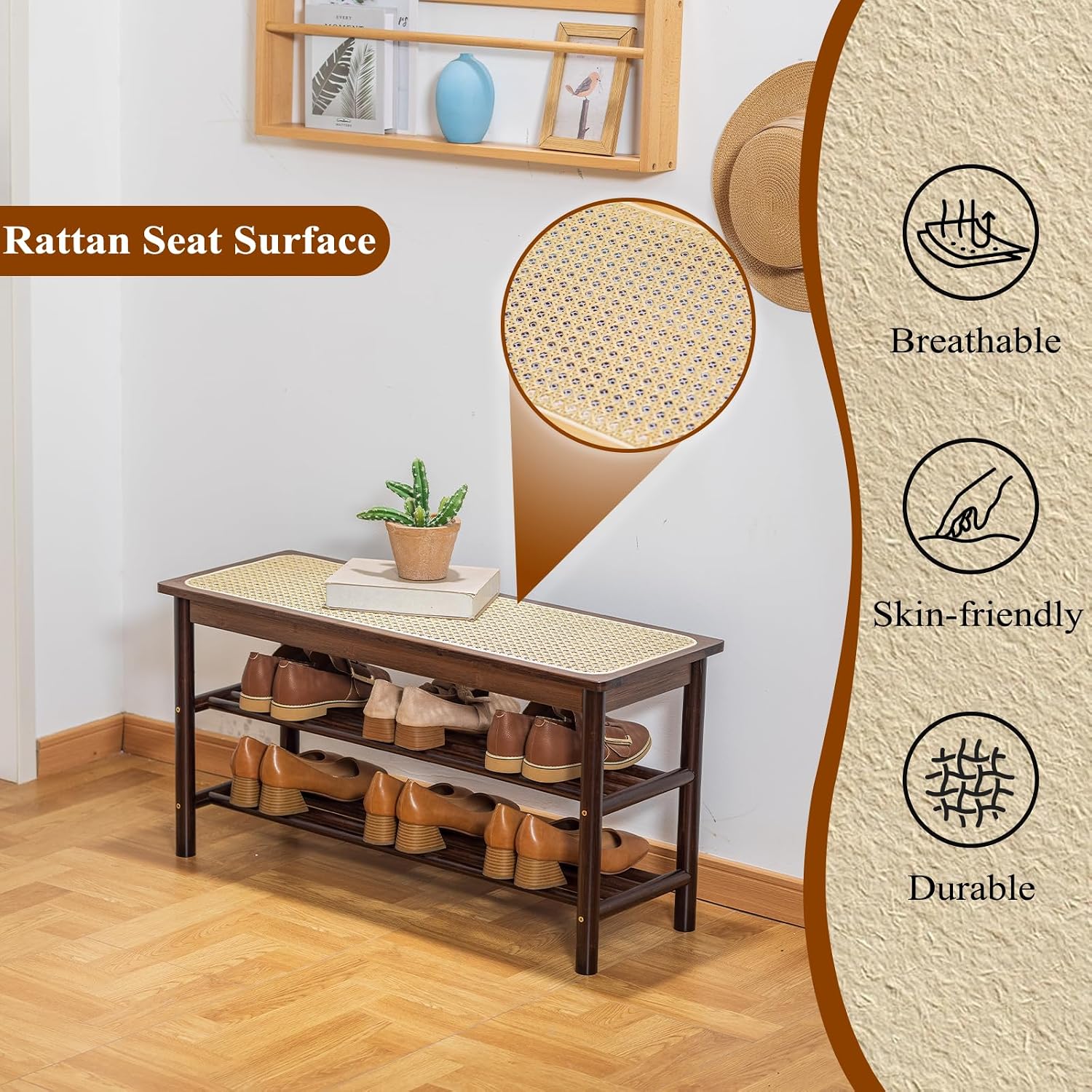Bamboo Entryway Bench with Woven Rattan Seat, 2-Tier Shoe Storage Bench for Hallway & Entryway 31.5 inches Walnut