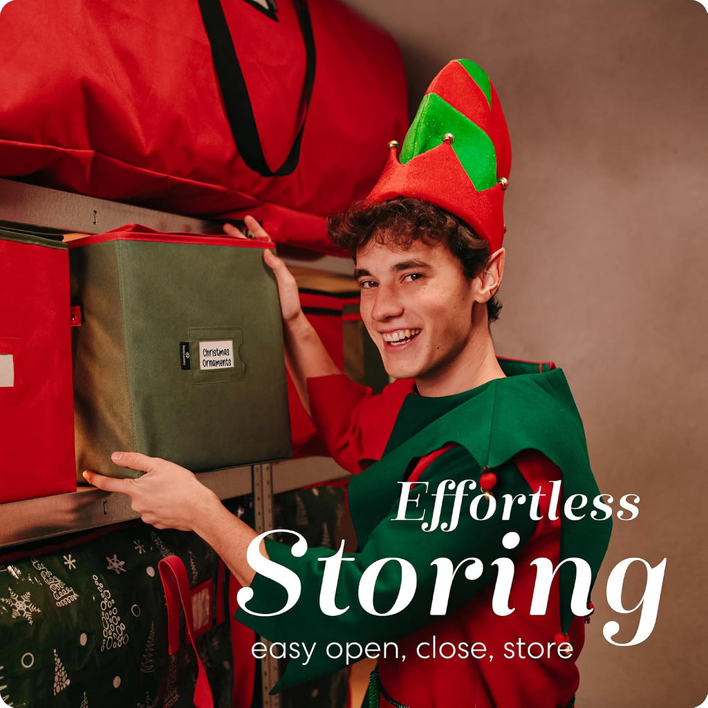 Handy Laundry, Christmas Ornament Storage, Stores up to 64 Holiday Ornament, Adjustable Dividers, Zippered Top, Two Handles Attractive Storage Box Keeps Decorations Clean & Dry for Next Season, Green