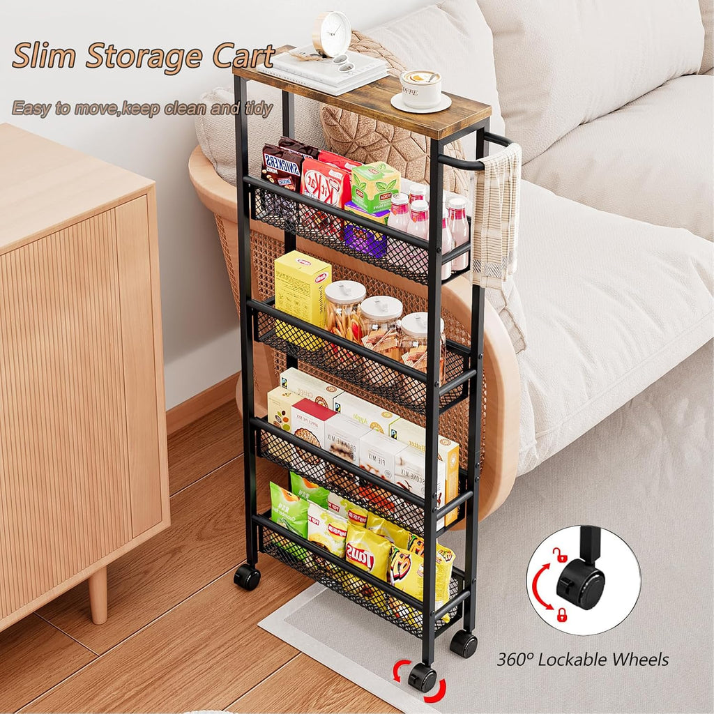 AZERPIAN Slim Rolling Cart 5 Tier Narrow Storage Cart on Wheels with Handle | Lockable Wheels, Wood Top Panel, Metal Frame Utility Carts for Kitchen, Dining, Living, Home Office, Laundry Room