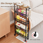 AZERPIAN Slim Rolling Cart 5 Tier Narrow Storage Cart on Wheels with Handle | Lockable Wheels, Wood Top Panel, Metal Frame Utility Carts for Kitchen, Dining, Living, Home Office, Laundry Room