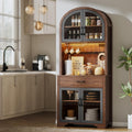 75" Tall Arched Pantry Cabinet with Charging Station & LED Light, Kitchen Pantry Cabinet with Microwave Stand, Drawers and Adjustable Shelf, Coffee Bar Liquor Cabinet for Dining Room