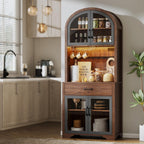 75" Tall Arched Pantry Cabinet with Charging Station & LED Light, Kitchen Pantry Cabinet with Microwave Stand, Drawers and Adjustable Shelf, Coffee Bar Liquor Cabinet for Dining Room