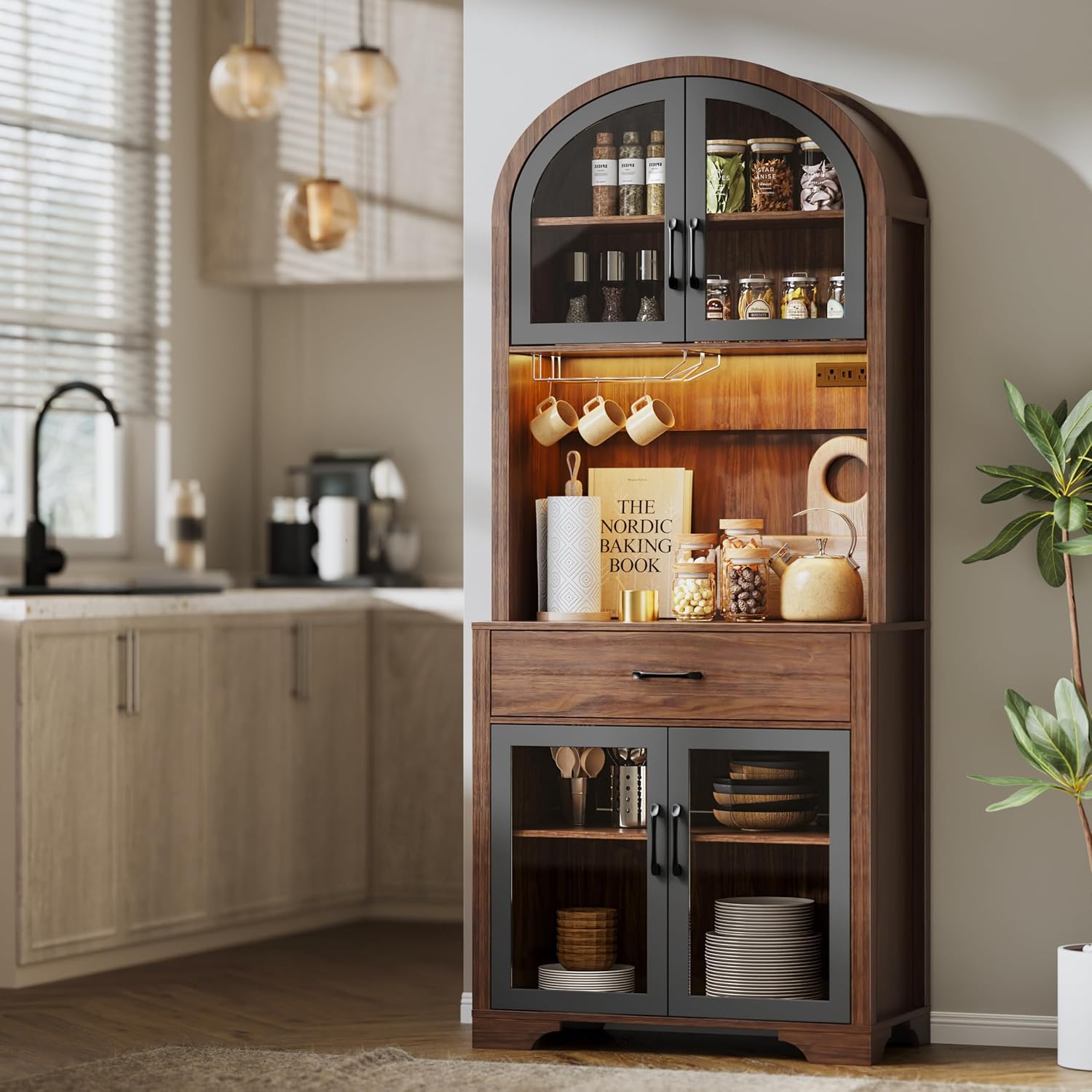 75" Tall Arched Pantry Cabinet with Charging Station & LED Light, Kitchen Pantry Cabinet with Microwave Stand, Drawers and Adjustable Shelf, Coffee Bar Liquor Cabinet for Dining Room