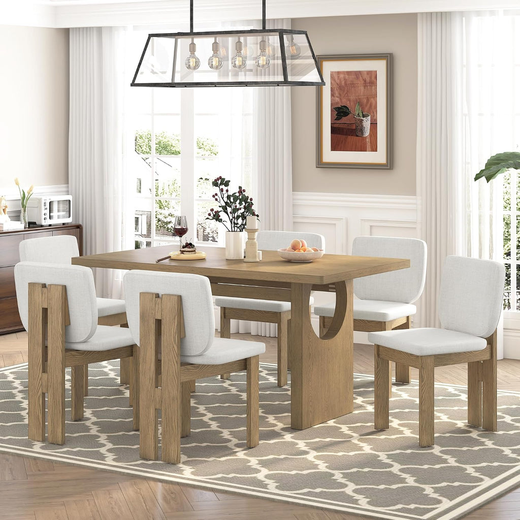 Merax Wood Dining Table Set for 6, Rectangular Tabletop/Upholstered Chairs/Retro Geometric Design, Ideal for Dining-Room and Kitchen, Natural