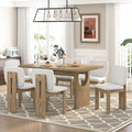 Merax Wood Dining Table Set for 6, Rectangular Tabletop/Upholstered Chairs/Retro Geometric Design, Ideal for Dining-Room and Kitchen, Natural