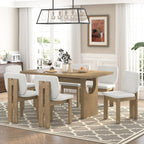Merax Wood Dining Table Set for 6, Rectangular Tabletop/Upholstered Chairs/Retro Geometric Design, Ideal for Dining-Room and Kitchen, Natural