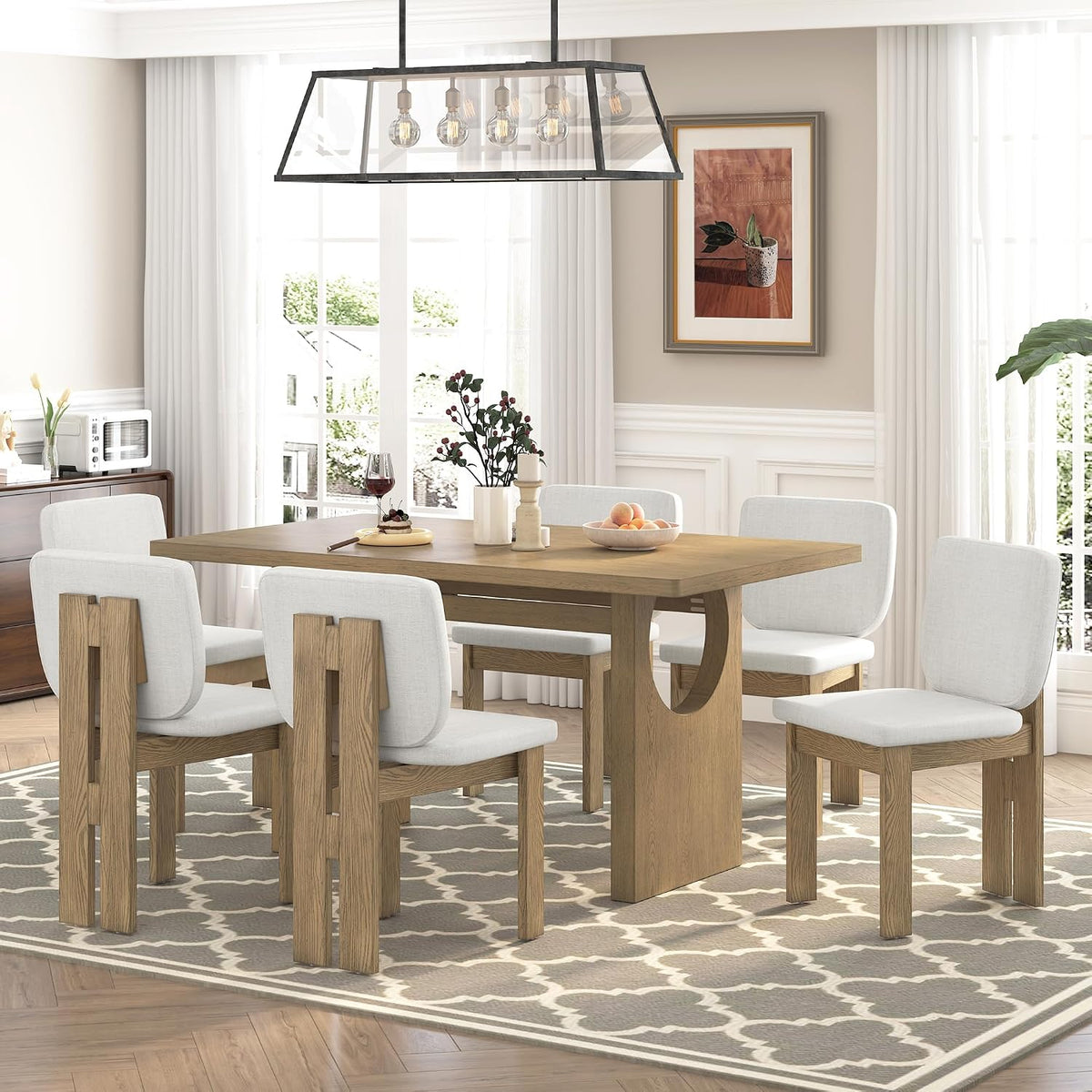Merax Wood Dining Table Set for 6, Rectangular Tabletop/Upholstered Chairs/Retro Geometric Design, Ideal for Dining-Room and Kitchen, Natural
