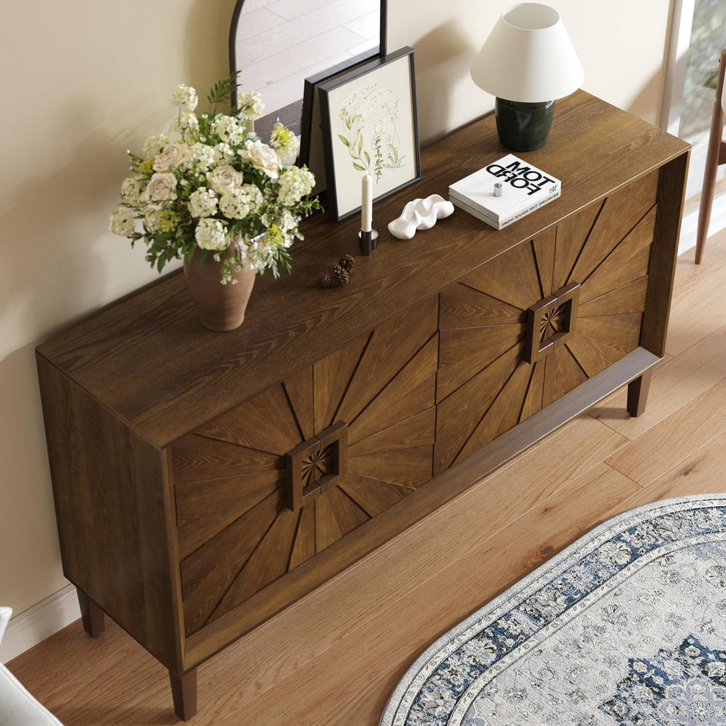 Large Buffet Sideboard Cabinet with Storage,60" Modern Cedenzas Buffet Table American Farmhouse Charm Cabinet with 4 Symmetrical Sunburst Doors for Living Room Hallway, Antique Brown