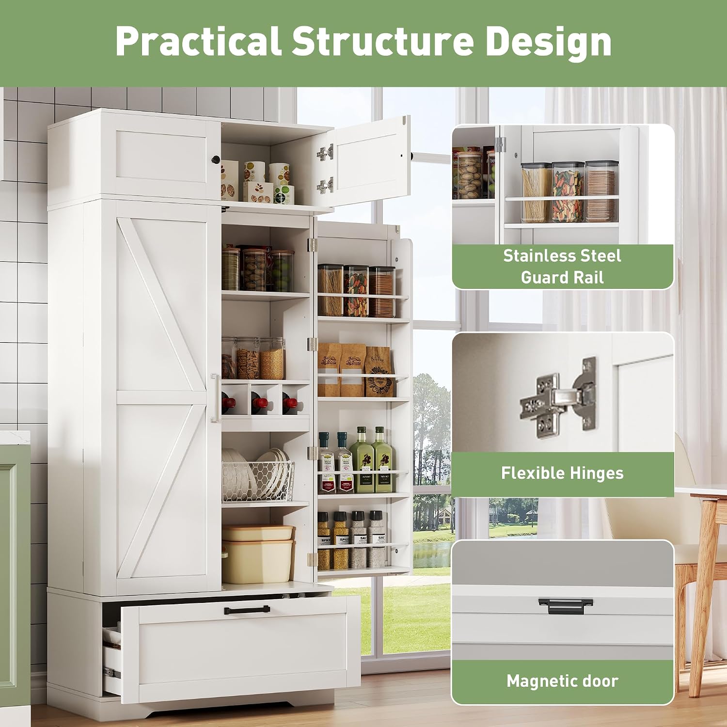Tall Kitchen Pantry Cabinet, 72" Freestanding Storage Cupboard with Wine Bottle Rack & Adjustable Shelves, Kitchen Storage Cabinet for Dining Room, White