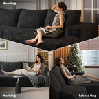 107" W Corduroy Sectional Cloud Couch with Chaise & Ottoman, No Assembly Required, U Shaped Modular Sectional Sofa, Cozy Fluffy Sofa for Living Room (Black, Left Facing Chaise+Ottoman)