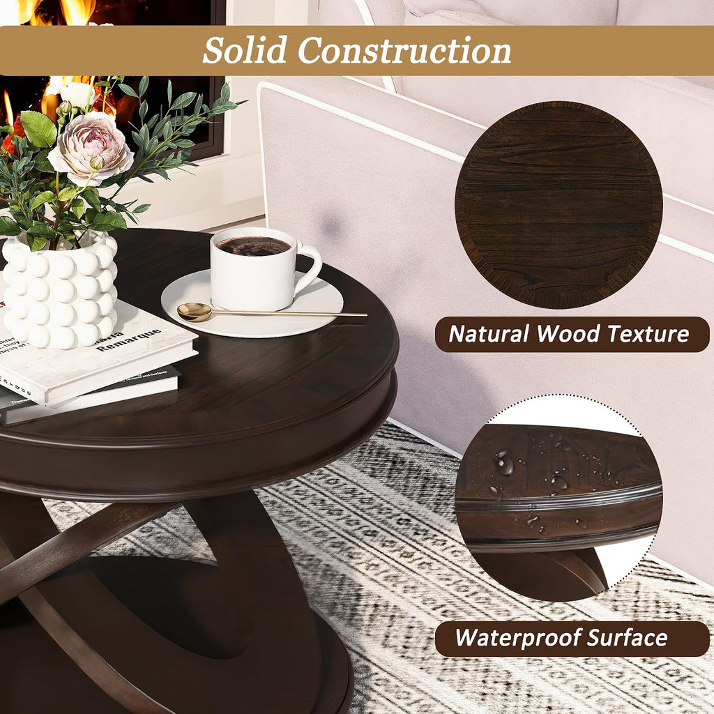 Retro Round Wooden End Table, Sofa Side Table with X-Shape Base for Living Room