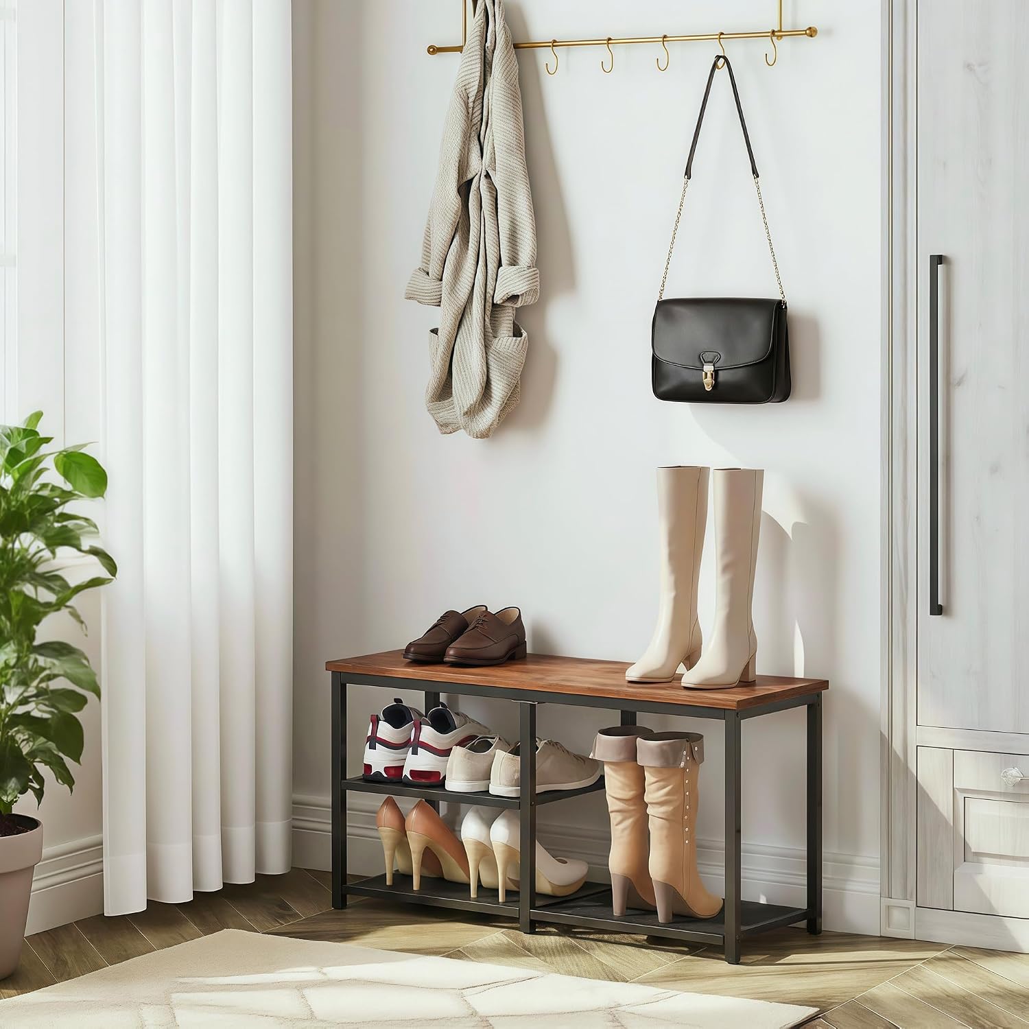 CHEMPFR Shoe Bench with Storage, Shoe Rack Organizer, Spacious Wood Top Entryway Bench, with 300 lb Capacity for Hallway, Living Room, Rustic Brown (3 Tier 31.5″x11.81″x15.74″)