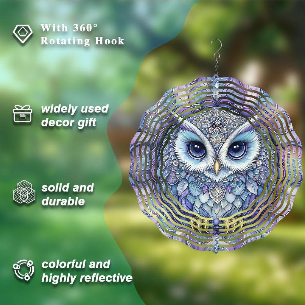 10 Inch Owl Wind Spinner, 3D Stainless Steel Hanging Kinetic Wind Sculpture Gifts for Garden Decor Yard Art Indoor Outdoor Window Porch Front Door Decoration