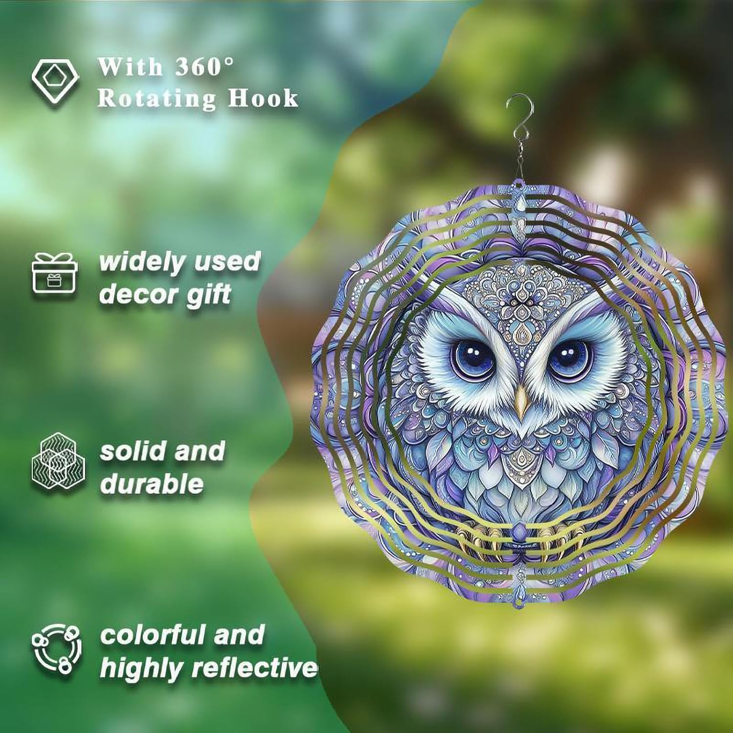 10 Inch Owl Wind Spinner, 3D Stainless Steel Hanging Kinetic Wind Sculpture Gifts for Garden Decor Yard Art Indoor Outdoor Window Porch Front Door Decoration
