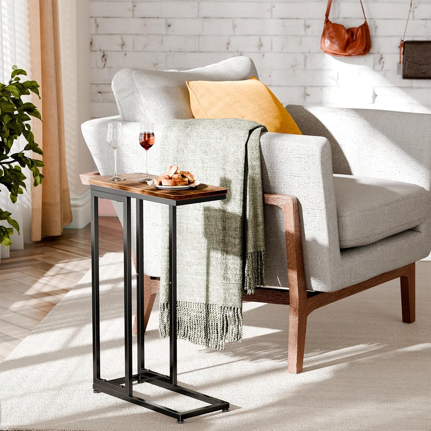 Simple Trending C Shaped Side Table, End Table Set of 2, Sofa Couch Table TV Tray for Living Room, Small Space, Rustic Brown