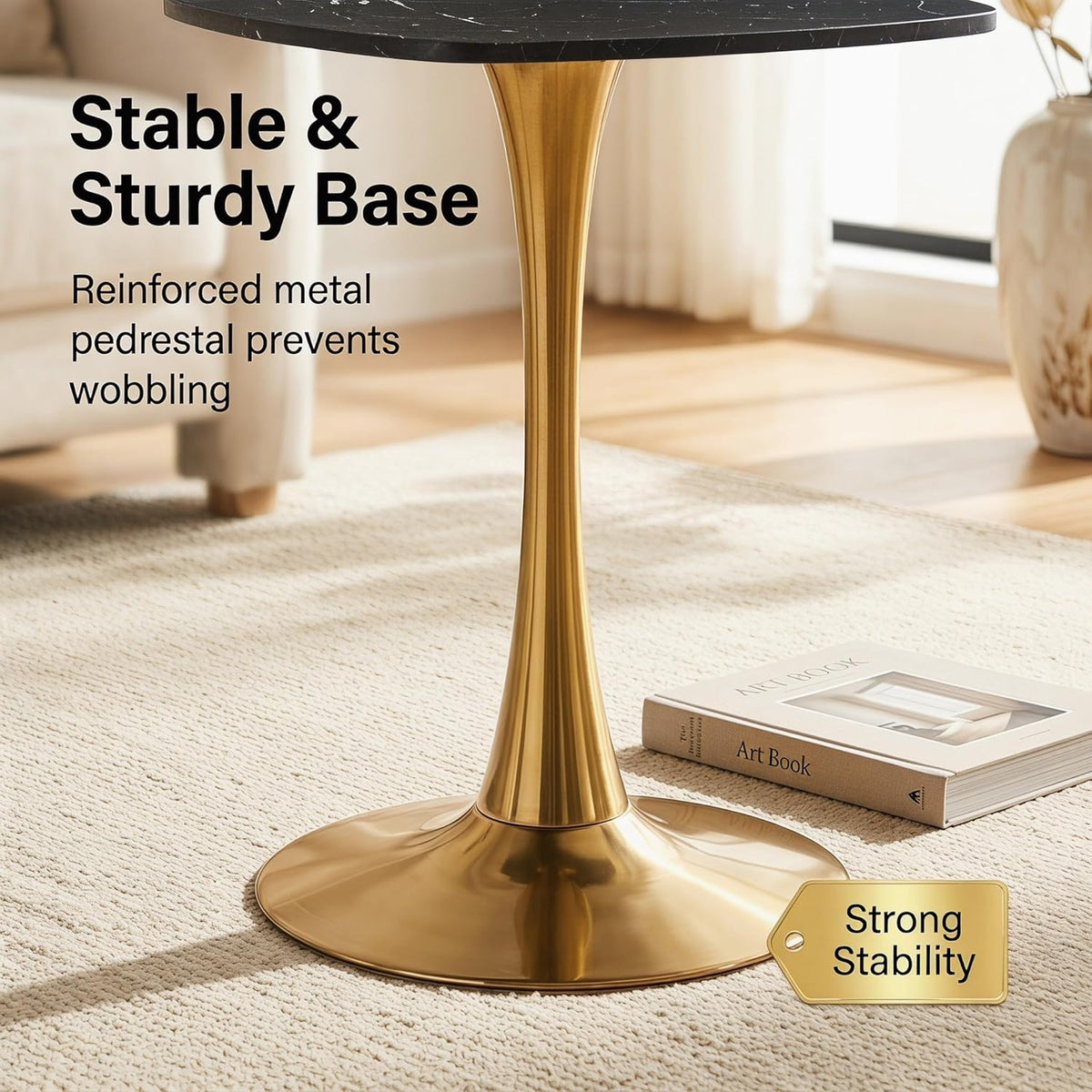 24 Inch Square Tulip Bistro Table for 2-4, Small Dining Table with Gold Metal Pedestal Base, Black Faux Marble Top Kitchen Table, Modern Square Cafe Table for Apartment Living Room Office Small Space