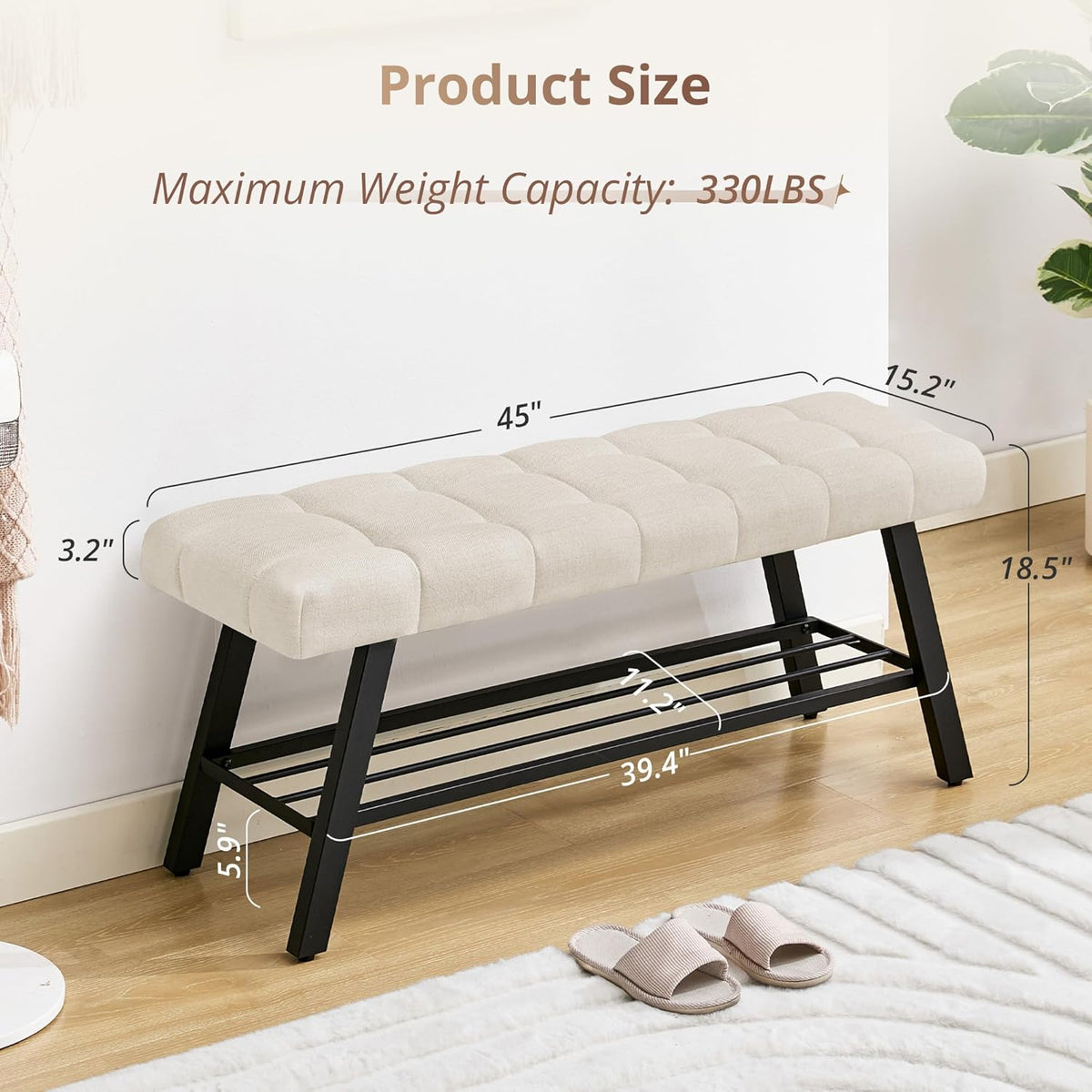LUE BONA 45" Entryway Bench with Storage Shelf, End of Bed Bench with Tufted Linen Fabric Seat, Bedroom Bench with Metal Frame, 330 LBS Capacity for Entryway, Living Room, Hallway, Linen Color