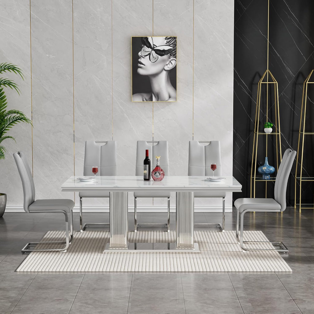 9 Piece Dining Table Set, 68.11" Dining Table and Chairs Set for 8, Modern Faux Marble Dining Table with 8 Grey Leather Chairs, White Kitchen Table with Silver Stainless Steel Base for Kitchen