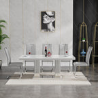 9 Piece Dining Table Set, 68.11" Dining Table and Chairs Set for 8, Modern Faux Marble Dining Table with 8 Grey Leather Chairs, White Kitchen Table with Silver Stainless Steel Base for Kitchen