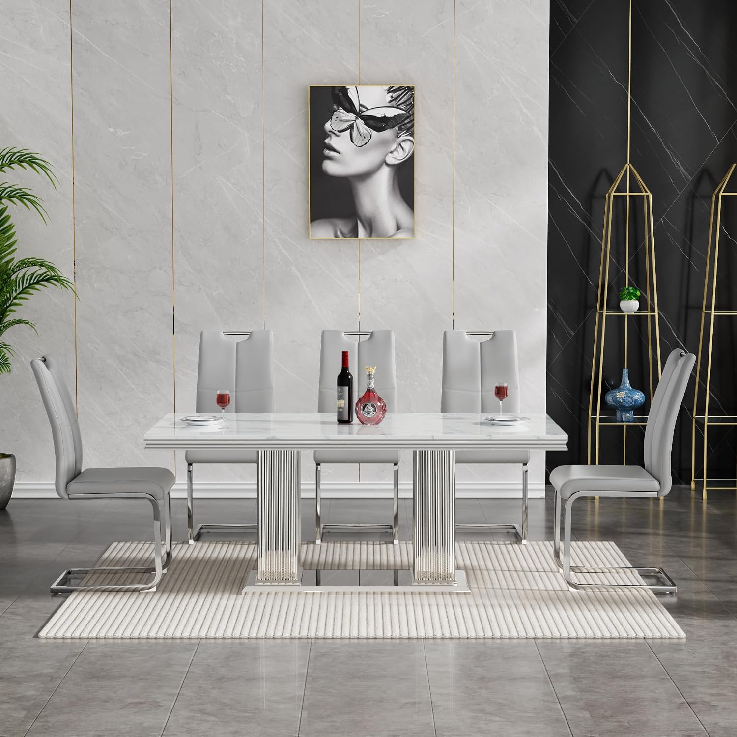 9 Piece Dining Table Set, 68.11" Dining Table and Chairs Set for 8, Modern Faux Marble Dining Table with 8 Grey Leather Chairs, White Kitchen Table with Silver Stainless Steel Base for Kitchen