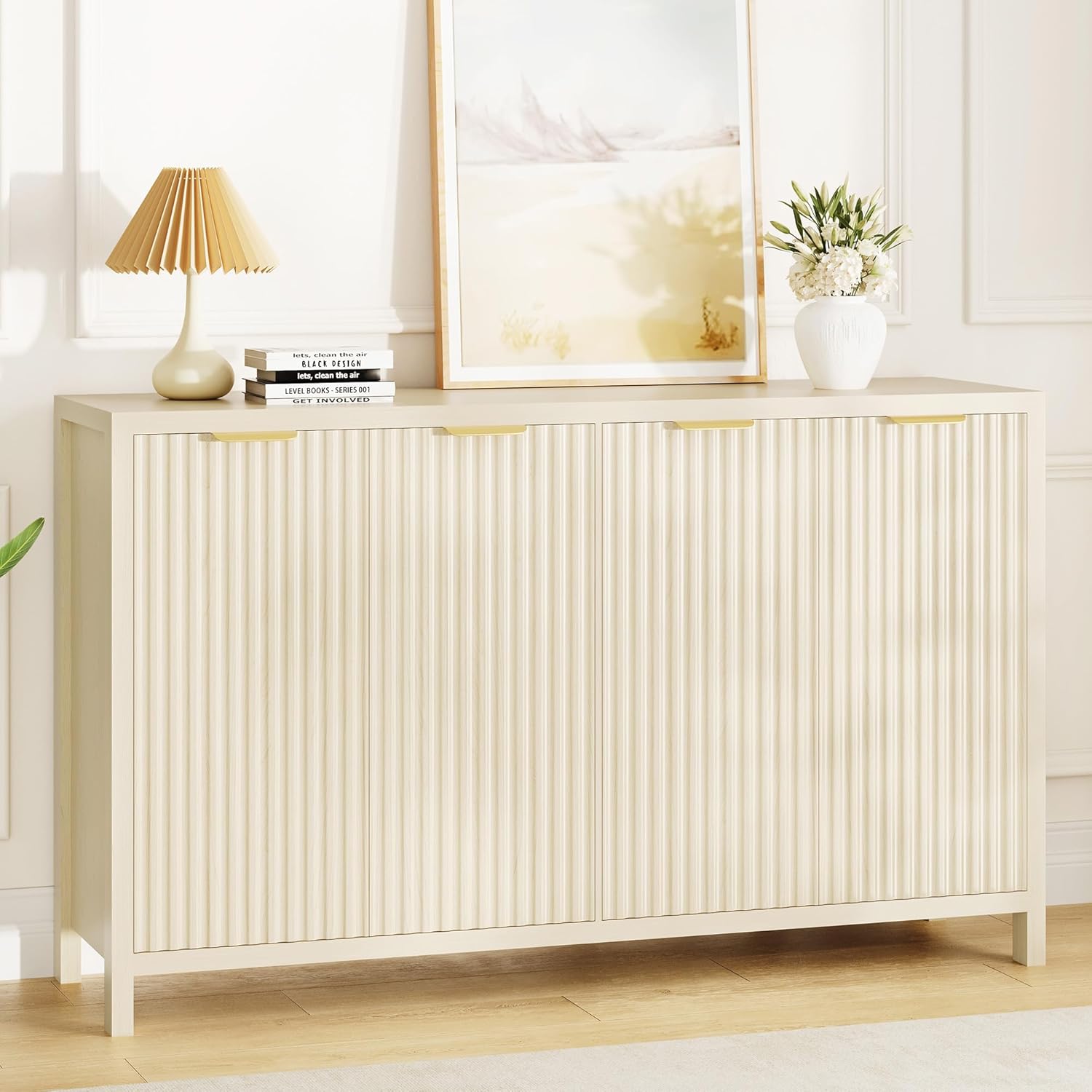 Fluted Buffet Cabinet with Storage, 55" Sideboard Cabinet with 4 Doors, Modern Credenza Accent Console Cabinet Coffee Bar Table for Living Room Dining Room Hallway, Natural