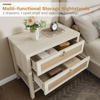 Eclatara Large Rattan Night Stand Set of 2 with 2 Drawers and Storage Shelf | Boho Nightstand White Bedside Table End Table Side Table for Bedroom(Cream White Oak,2 Pieces)