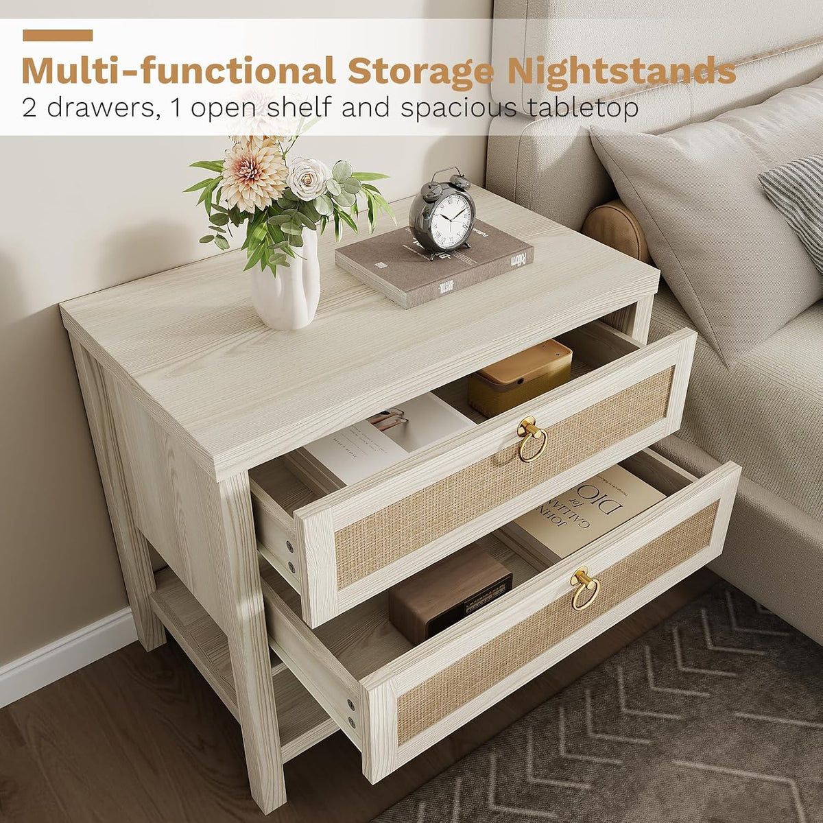 Eclatara Large Rattan Night Stand Set of 2 with 2 Drawers and Storage Shelf | Boho Nightstand White Bedside Table End Table Side Table for Bedroom(Cream White Oak,2 Pieces)
