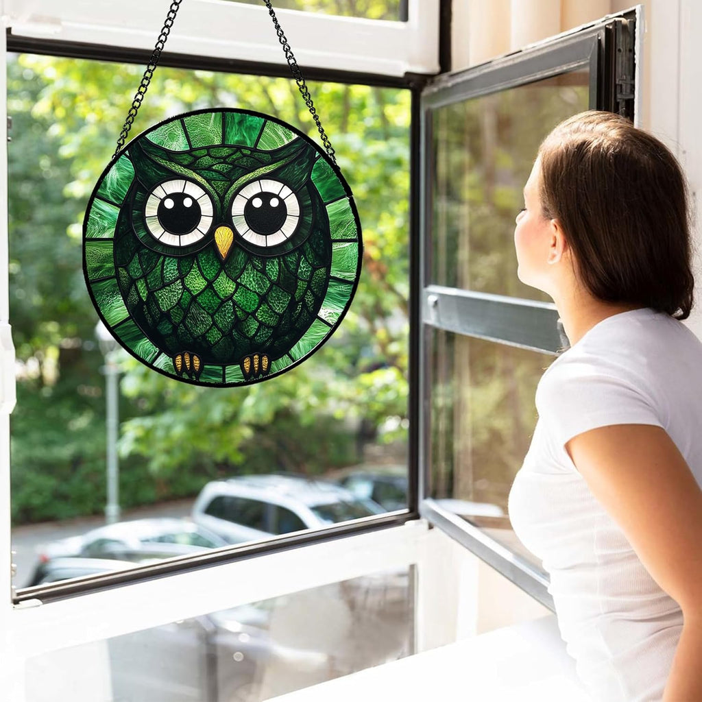 Stained Glass Window Hanging - Green Owl Suncatcher for Doors Garden Patio Funny Bird Sun Catchers Decor Christmas Mother's Day Birthday Teenager Gifts for Women Men Mom Nana Friend 7.8 in