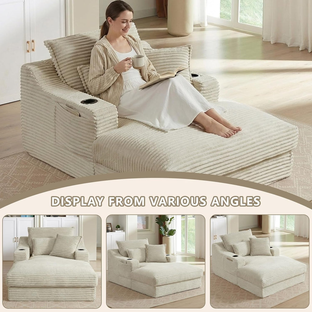 67.7" Chaise Lounge Chair Indoor with Cup Holders & Side Pocket, Oversized Floor Lounger Chairs Indoor with 3 Soft Pillows, Deep Seat Reading Lounge Couch for Living Room, Apartment, Camel
