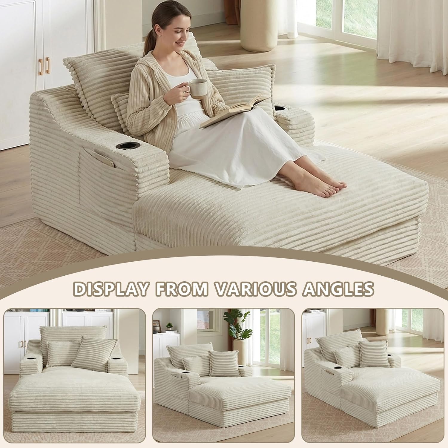 67.7" Chaise Lounge Chair Indoor with Cup Holders & Side Pocket, Oversized Floor Lounger Chairs Indoor with 3 Soft Pillows, Deep Seat Reading Lounge Couch for Living Room, Apartment, Camel