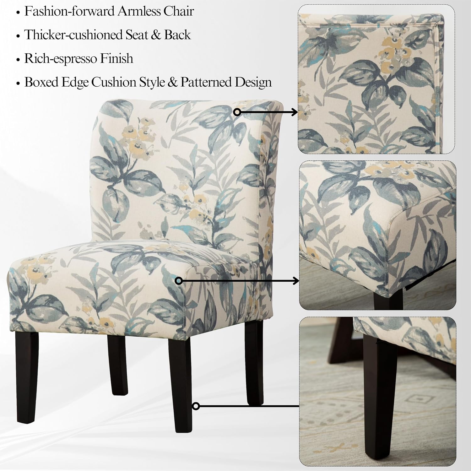 Roundhill Furniture Capa Print abric Armless Contemporary Accent Chair, Blue Leaves