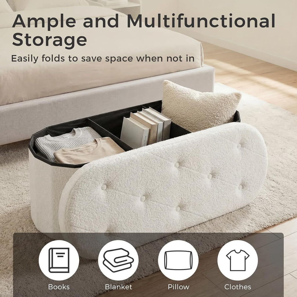 DUMOS Ottoman Bench End of Bed, 43 Inch Ottoman with Storage, Foot Rest Bench Stool with Cushion, Oval Round Folding Storage Chest for Bedroom, Living Room, Entryway, Dorm, Teddy Fabric, White