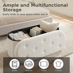 DUMOS Ottoman Bench End of Bed, 43 Inch Ottoman with Storage, Foot Rest Bench Stool with Cushion, Oval Round Folding Storage Chest for Bedroom, Living Room, Entryway, Dorm, Teddy Fabric, White