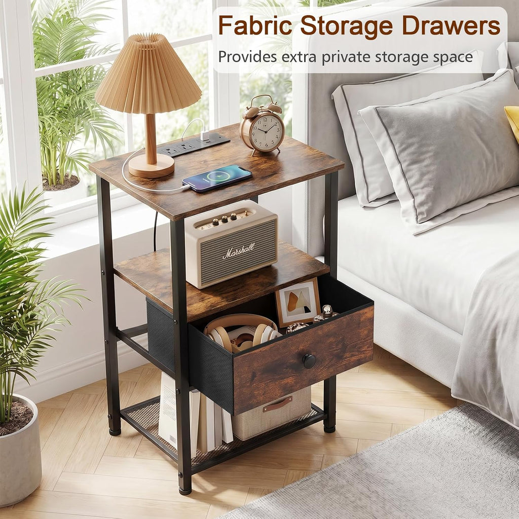 LOAKEKEL Nightstands Set of 2 with Charging Station, Side Tables Bedroom | Night Stand Set 2, End Tables Living Room with Type-C, Fabric Drawer & Open Shelves, Rustic Brown