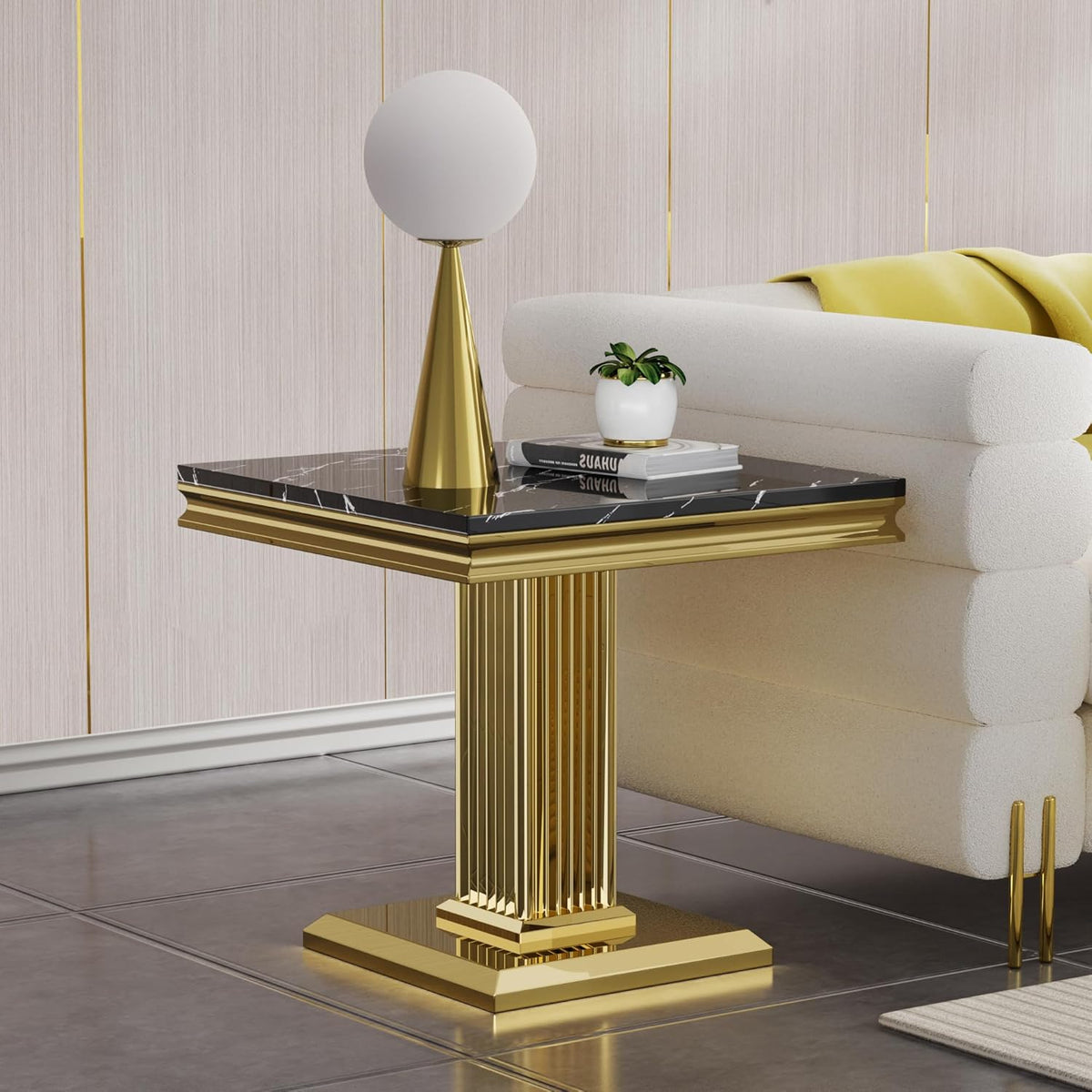 SSLine Square Faux Marble End Table for Living Room Mid-Century Black Marble Side Table with Mirrored Gold Column Frame Luxury End Table with Stainless Steel Pedestal Base