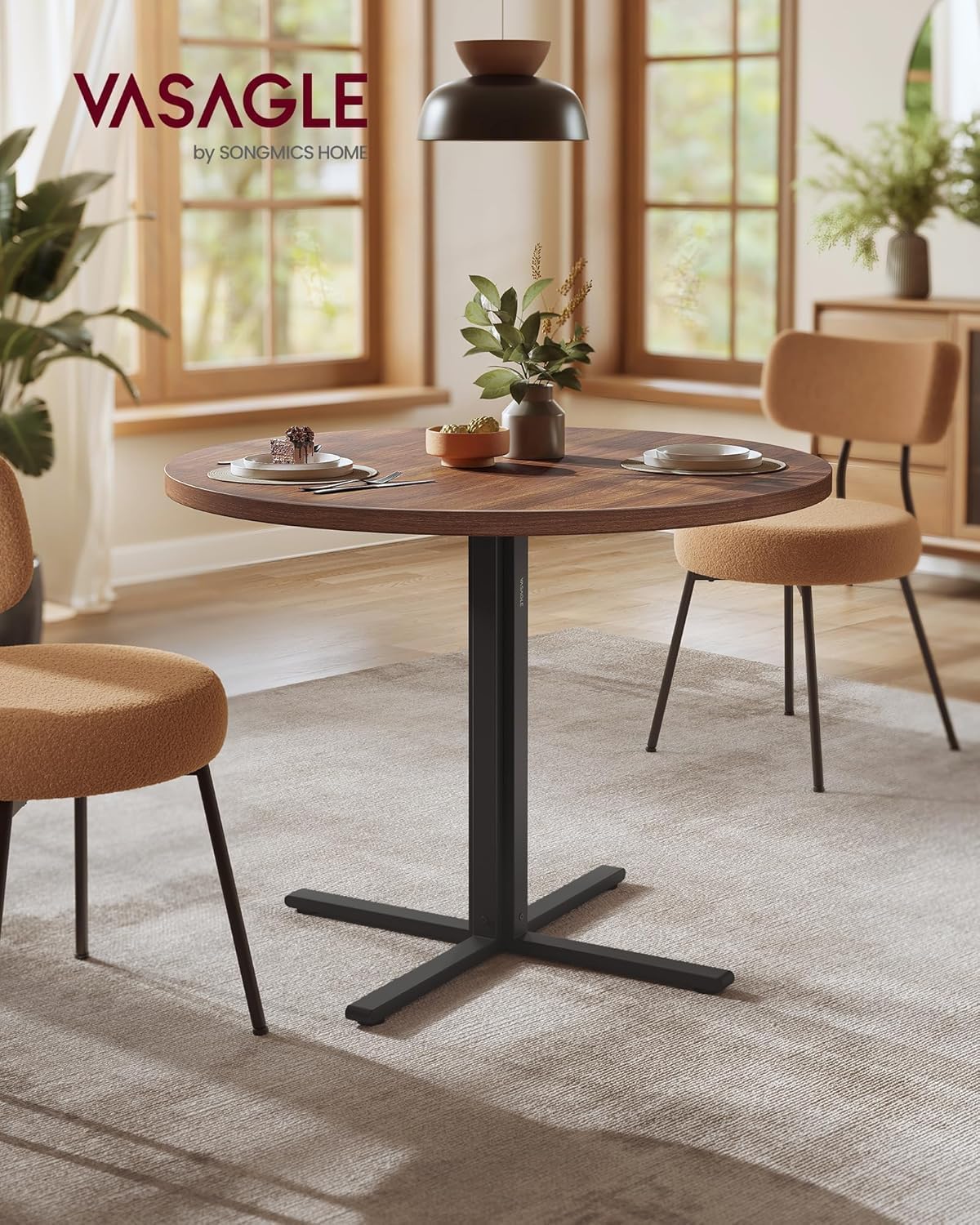 VASAGLE 31.5-Inch Dining Table, Small Round Kitchen Table for 4 People | Steel Frame, Modern, for Dining Room, Living Room, Modern, Water-Resistant, Somber Walnut UKDT082K01V1
